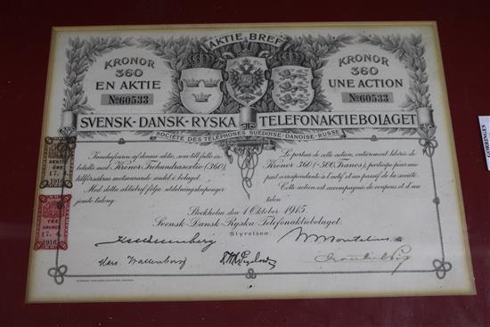 Two framed Chinese share certificates and a telephone certificate, and a Russian certificate